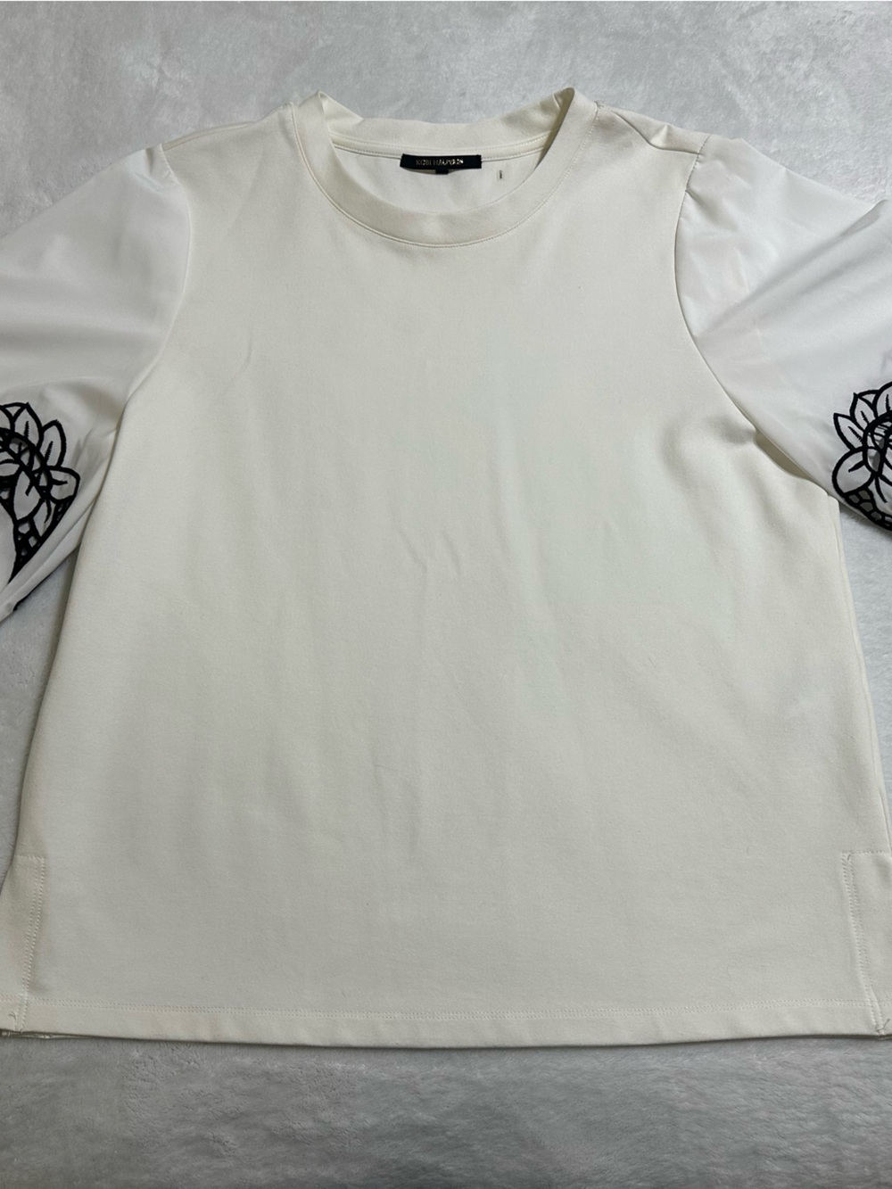 White Short Sleeve Top with Black Floral Bell Sleeve Detail